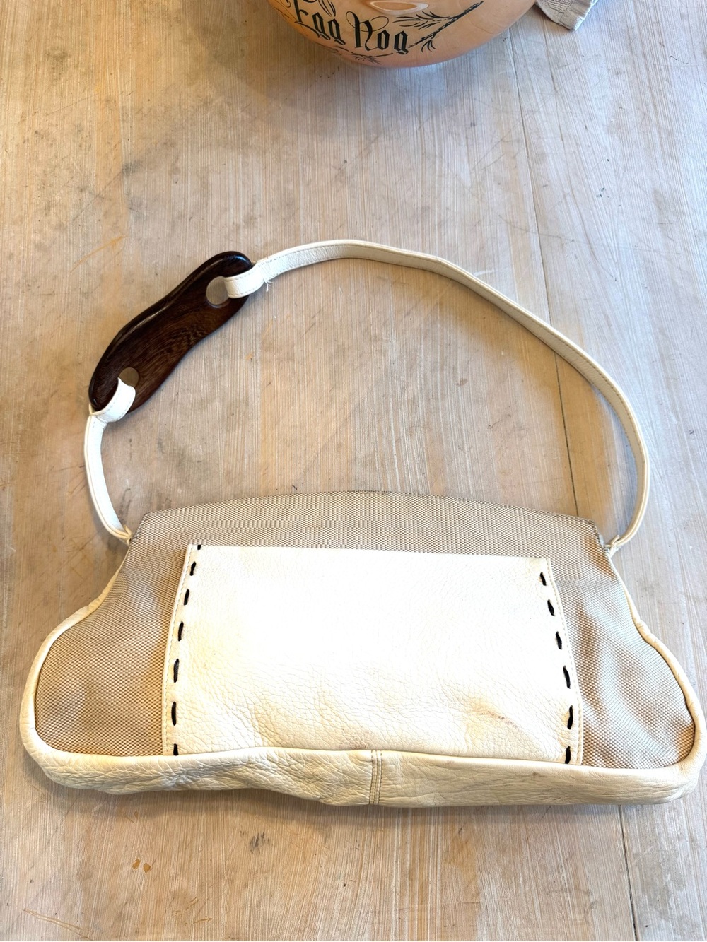Vintage Escada Exotics Neutral Cream & Tan Shoulder Bag with Wood Accent - Picture 6 of 9